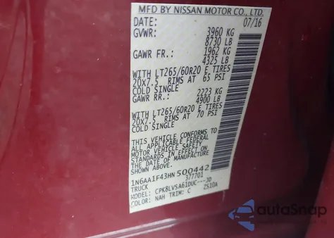 2017 Nissan Titan Xd Sl Gas z USA, uszkodzony, nr VIN 1N6AA1F43HN500442